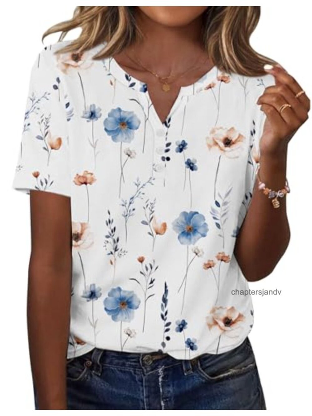 Womens V Neck Short Sleeve Blouse 95% Polyester 5% Spandex Floral Tunic